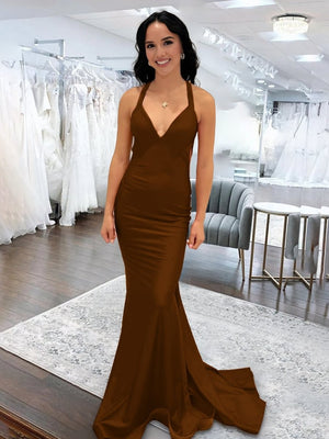 Angela |Mermaid Pink V Neck Backless Satin Long Prom Dress - KissProm