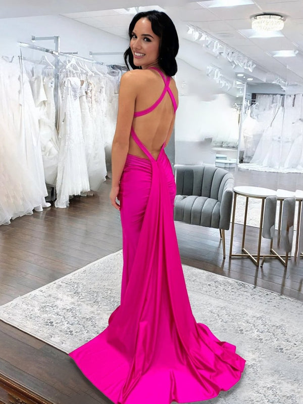 KissProm Angela |Mermaid Pink V Neck Backless Satin Long Prom Dress, Fuchsia / 4