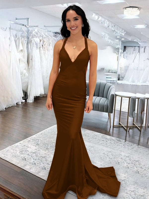 Angela |Mermaid Pink V Neck Backless Satin Long Prom Dress - KissProm