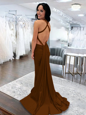 Angela |Mermaid Pink V Neck Backless Satin Long Prom Dress - KissProm
