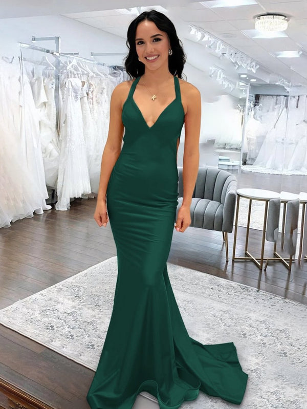 Angela |Mermaid Pink V Neck Backless Satin Long Prom Dress - KissProm