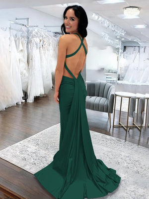 Angela |Mermaid Pink V Neck Backless Satin Long Prom Dress - KissProm