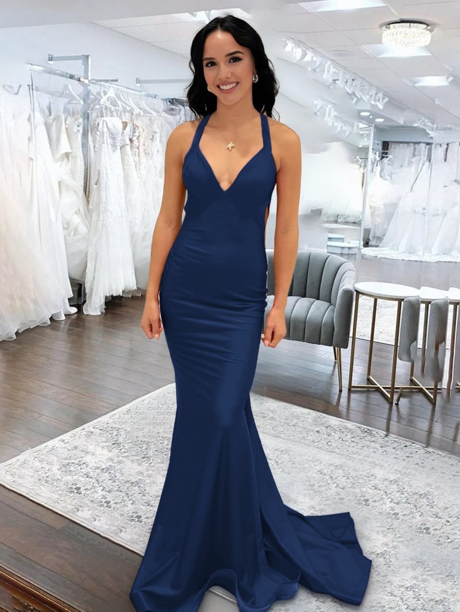 Angela |Mermaid Pink V Neck Backless Satin Long Prom Dress - KissProm
