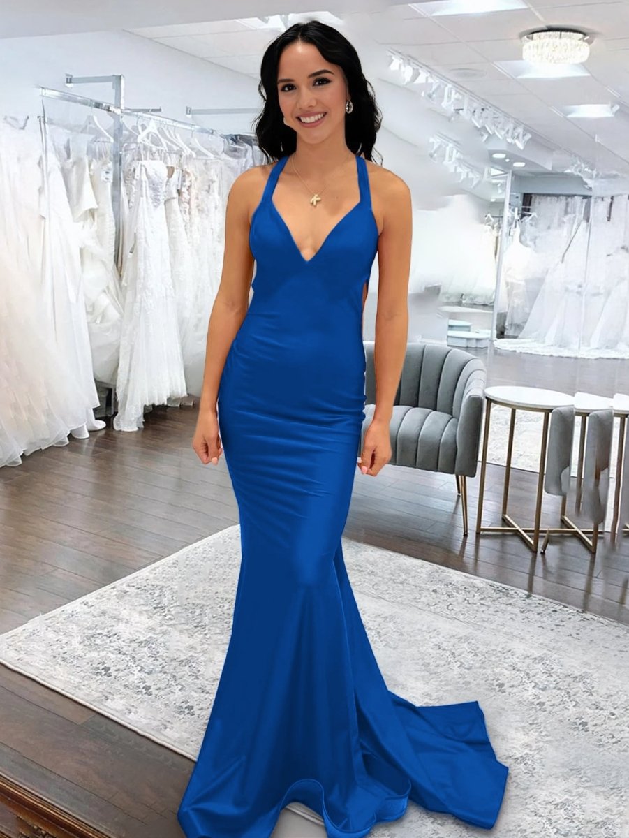 Angela |Mermaid Pink V Neck Backless Satin Long Prom Dress - KissProm