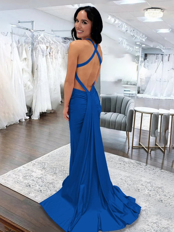 Angela |Mermaid Pink V Neck Backless Satin Long Prom Dress - KissProm