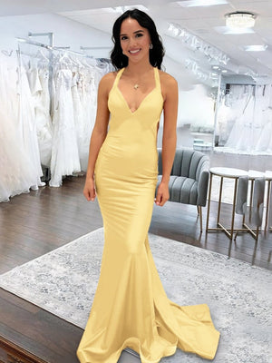 Angela |Mermaid Pink V Neck Backless Satin Long Prom Dress - KissProm