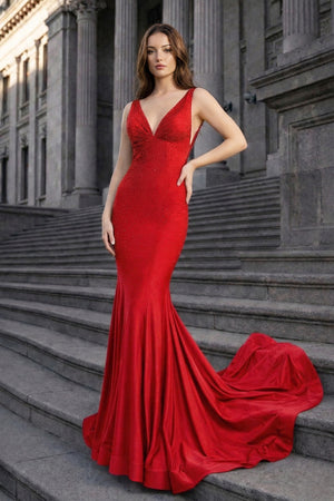 Mermaid Deep V-Neck Beaded Satin Long Prom Dress - KISSPROM PROM DRESSES