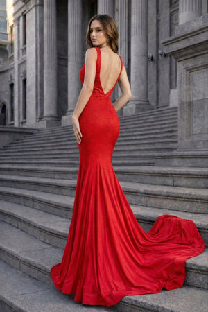 Mermaid Deep V-Neck Beaded Satin Long Prom Dress - KISSPROM PROM DRESSES