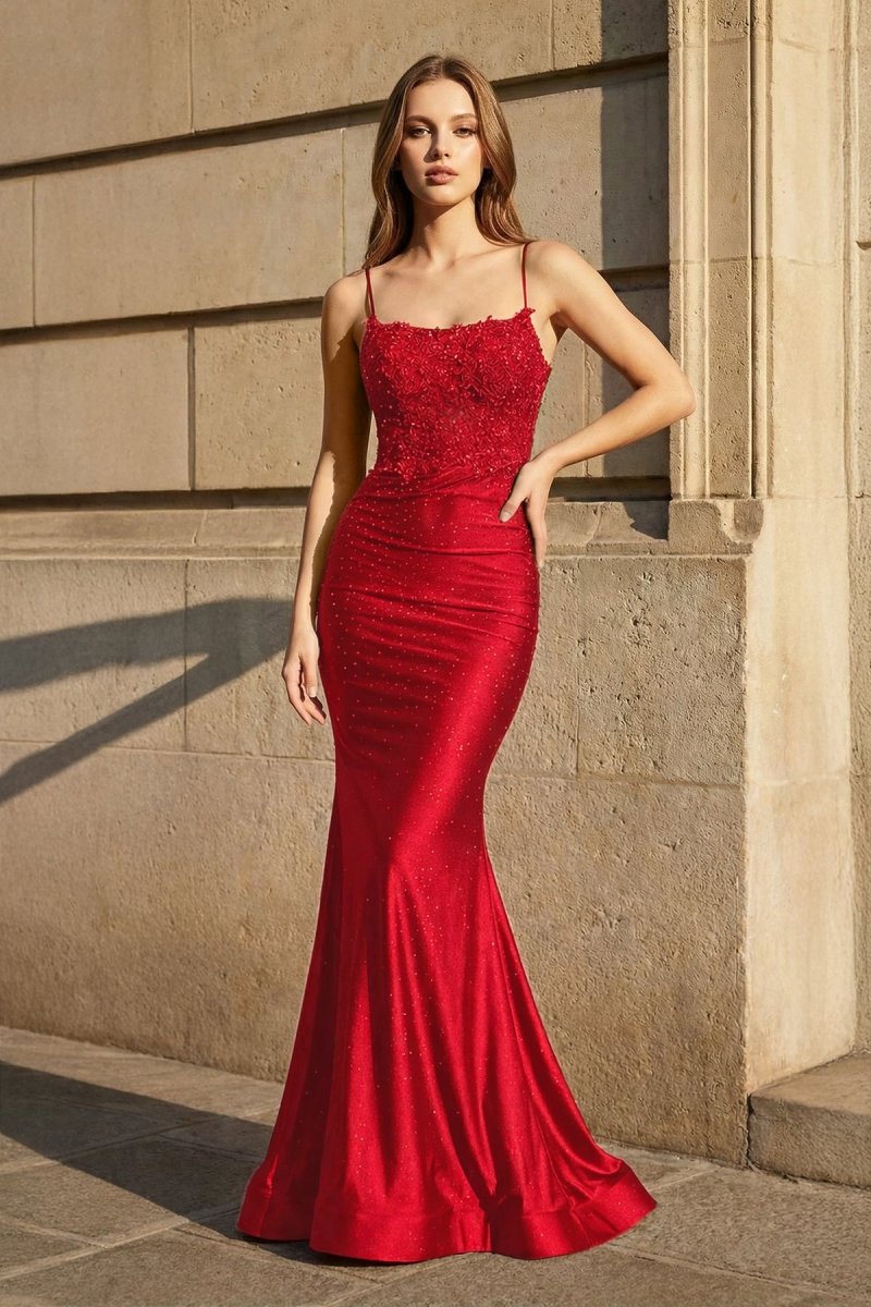 Mermaid Spaghetti Straps Dark Green Long Prom Dress with Appliques Red / 2