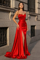 Mermaid Evening Gown Sexy Dress Prom Court Train Sleeveless Strapless Satin with Slit Pure Color - KISSPROM PROM DRESSES