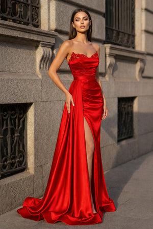 Mermaid Evening Gown Sexy Dress Prom Court Train Sleeveless Strapless Satin with Slit Pure Color - KISSPROM PROM DRESSES