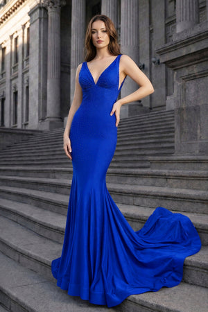 Mermaid Deep V-Neck Beaded Satin Long Prom Dress - KISSPROM PROM DRESSES