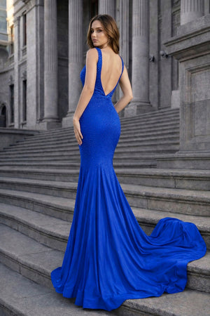 Mermaid Deep V-Neck Beaded Satin Long Prom Dress - KISSPROM PROM DRESSES