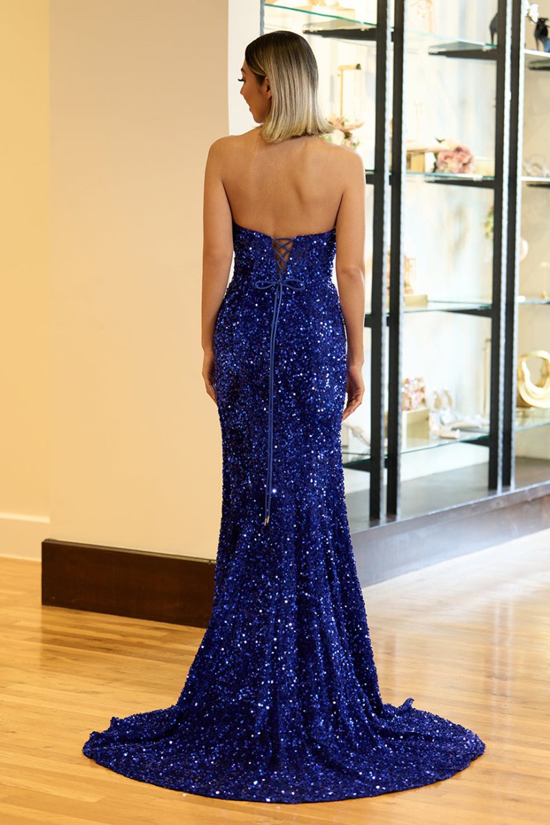 Dahlia Royal Blue Mermaid Strapless Sequins Long Prom Dress with Slit Dahlia Royal Blue Mermaid Strapless Sequins Long Prom Dress with Slit