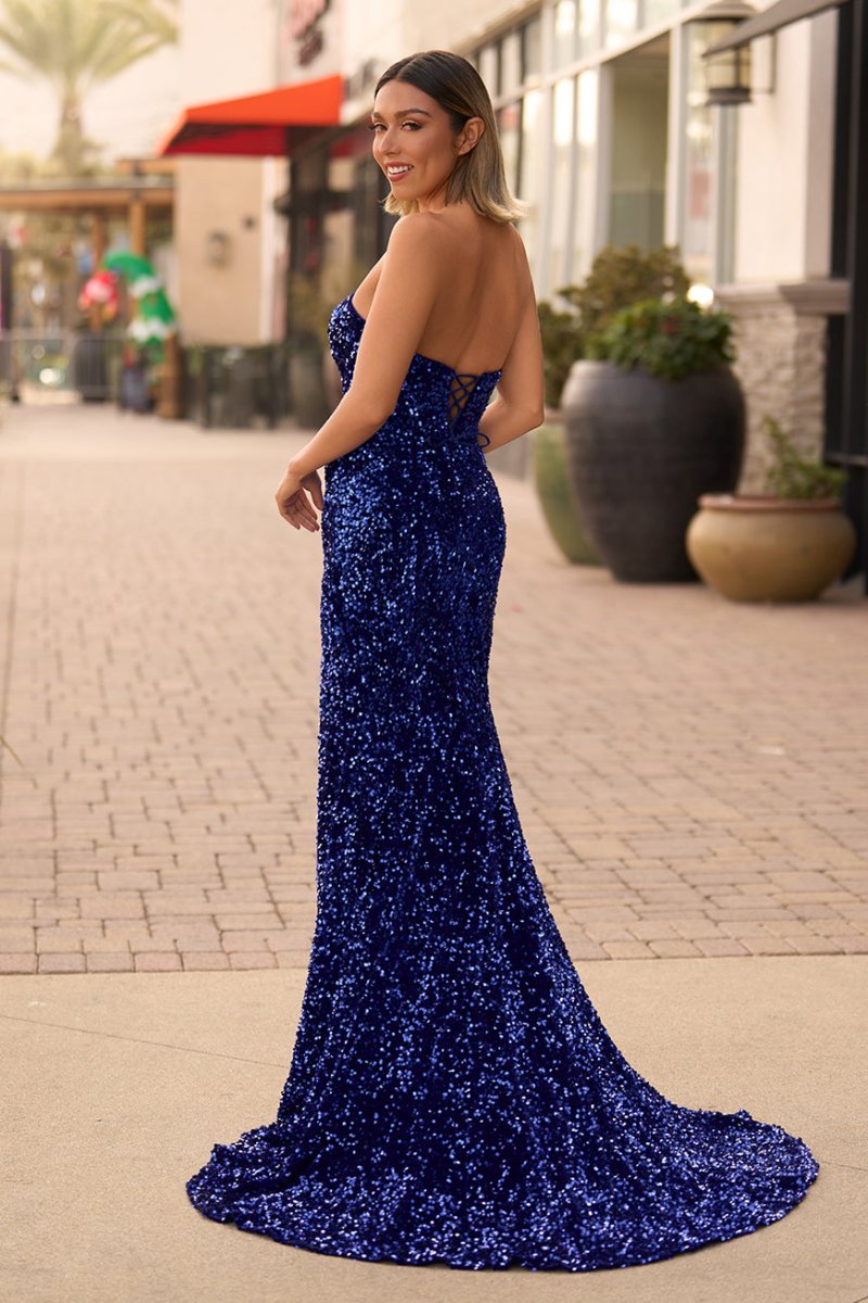 Mermaid Strapless Sequins Long Prom Dress with Slit, Royal Blue / Custom Size Mermaid Strapless Sequins Long Prom Dress with Slit, Royal Blue / Custom Size