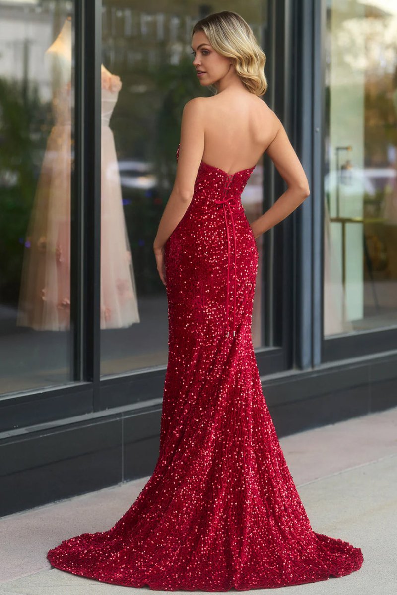 Mermaid Strapless Sequins Long Prom Dress with Slit, Red / Custom Size Mermaid Strapless Sequins Long Prom Dress with Slit, Red / Custom Size