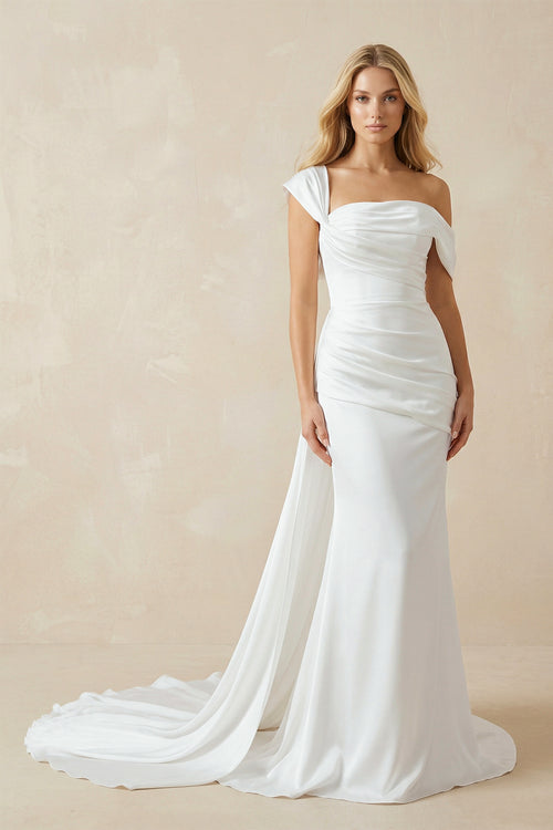 KissProm Mermaid Ruched Off-Shoulder Beauty Wedding Dress with Train, Diamond White / 18