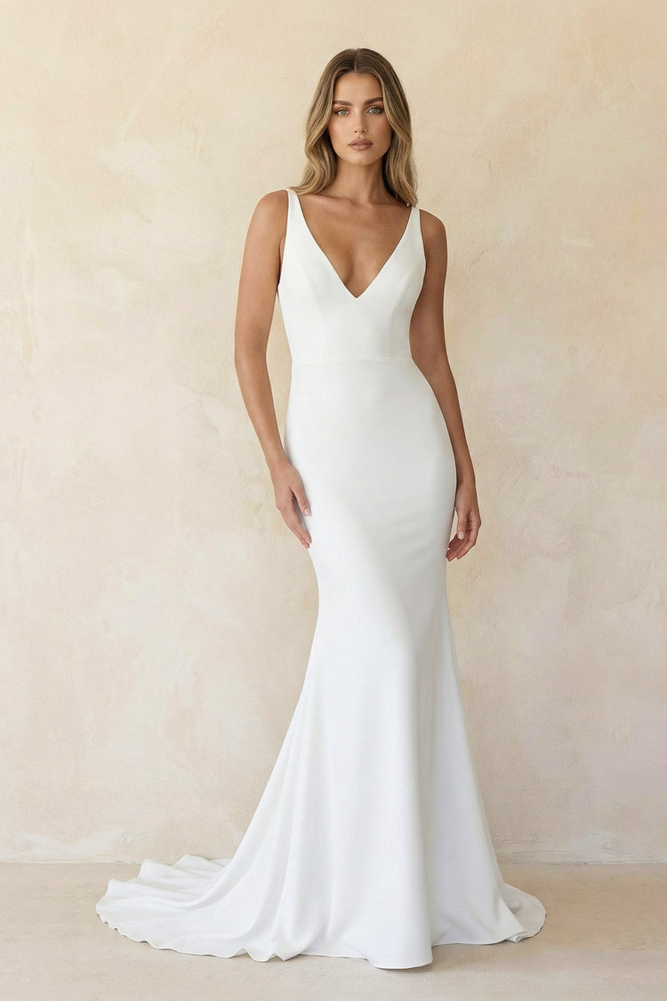 KissProm Elegant Mermaid V-Neck Elastic Satin Long Wedding Dresses, Diamond White / 18