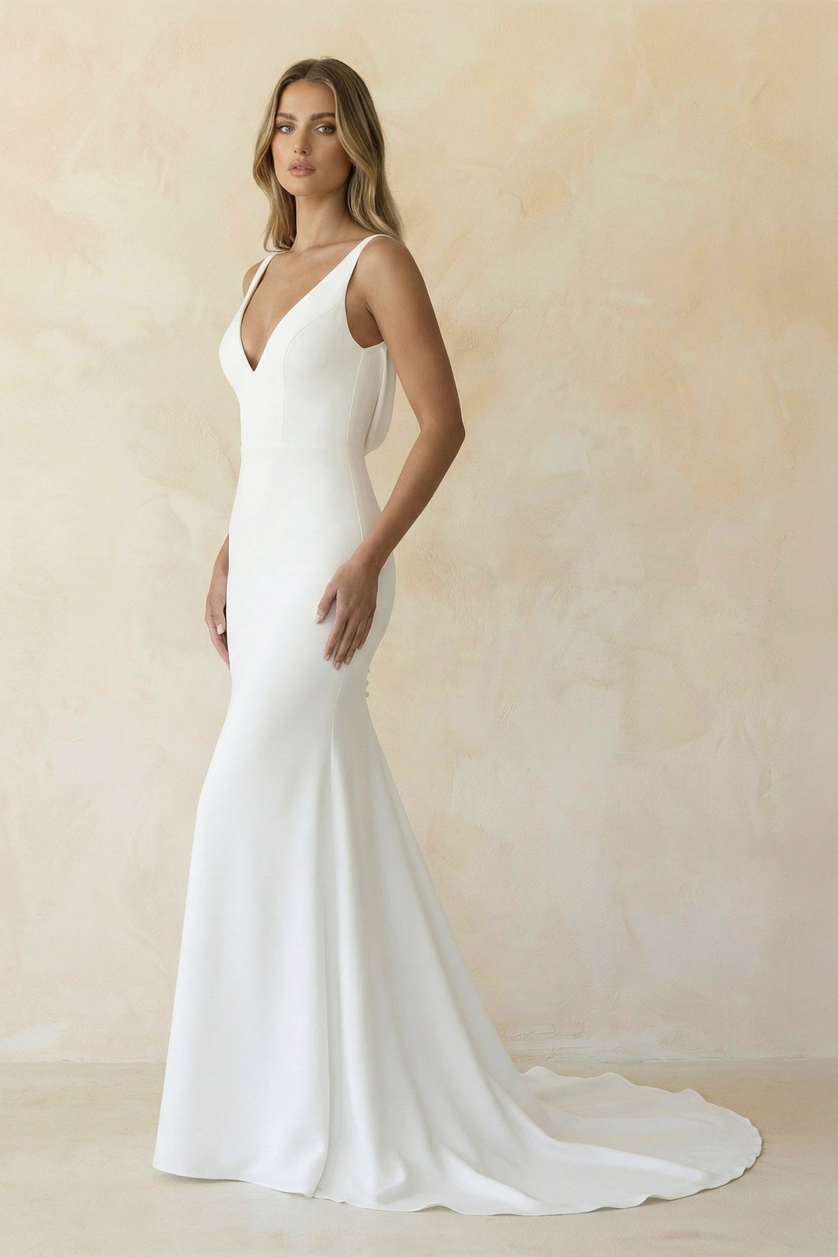 Elegant Mermaid V-Neck Elastic Satin Long Wedding Dresses, Diamond White / 18