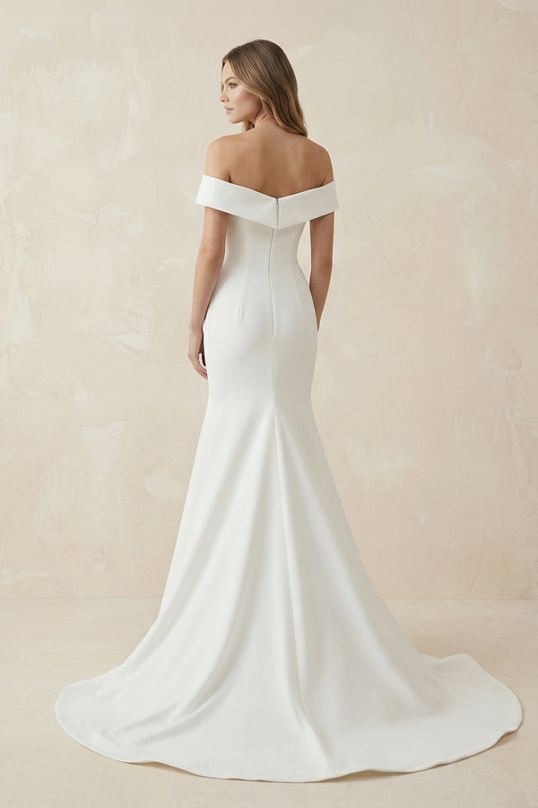 Mermaid Satin Off The Shoulder Wedding Dress in White - KissProm Wedding Dresses