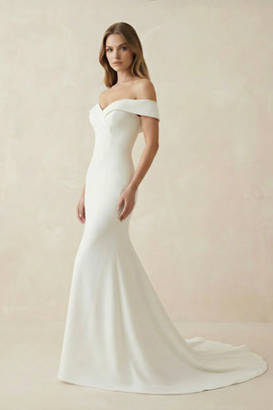 Mermaid Satin Off The Shoulder Wedding Dress in White - KissProm Wedding Dresses