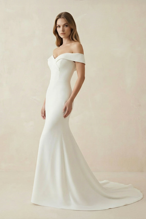 Mermaid Satin Off The Shoulder Wedding Dress in White - KissProm Wedding Dresses