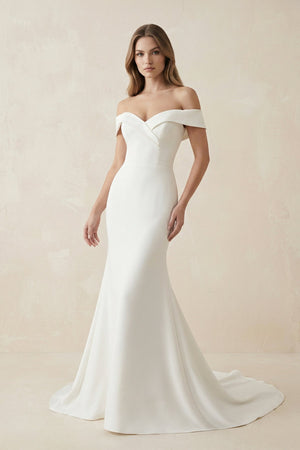 Mermaid Satin Off The Shoulder Wedding Dress in White - KissProm Wedding Dresses