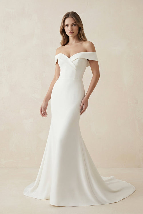 Mermaid Satin Off The Shoulder Wedding Dress in White - KissProm Wedding Dresses