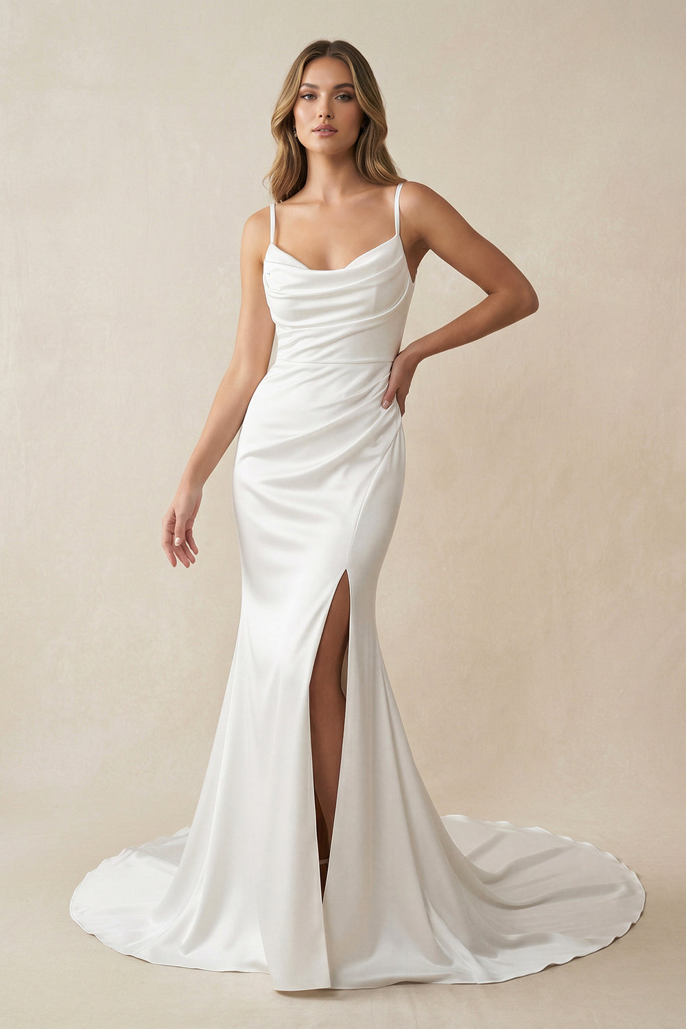 Charming Mermaid Cowl Neck Satin Wedding Dress with Slit – Wedding Dresses by KissProm | Available at KissProm
