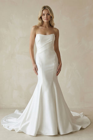 White Strapless Satin Long Mermaid Wedding Dress – Wedding Dresses by KissProm | Available at KissProm