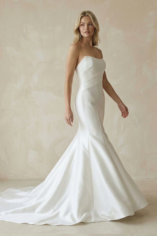 White Strapless Satin Long Mermaid Wedding Dress, Diamond White / 4 White Strapless Satin Long Mermaid Wedding Dress, Diamond White / 4