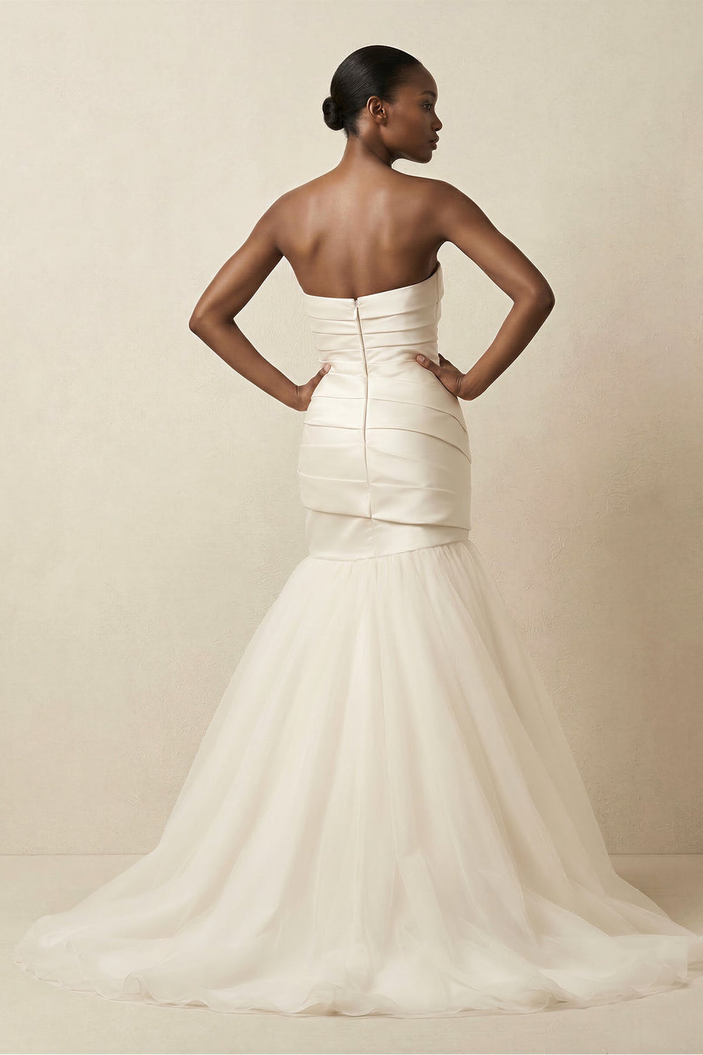 Mermaid Satin Strapless Pleated Wedding Dress in White - KissProm Wedding Dresses