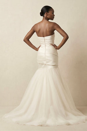 Mermaid Satin Strapless Pleated Wedding Dress in White - KissProm Wedding Dresses