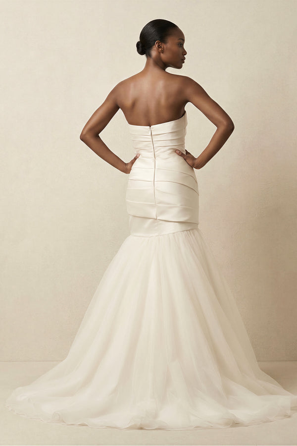 Mermaid Satin Strapless Pleated Wedding Dress in White - KissProm Wedding Dresses