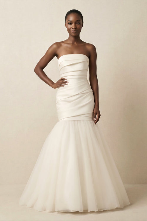 Mermaid Satin Strapless Pleated Wedding Dress in White - KissProm Wedding Dresses