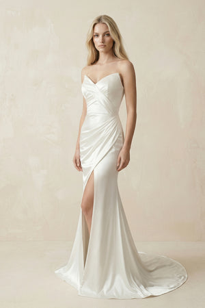 Simple V-Neck Strapless Ruched With Side Slit Beach Wedding Dress – Wedding Dresses by KissProm | Available at KissProm