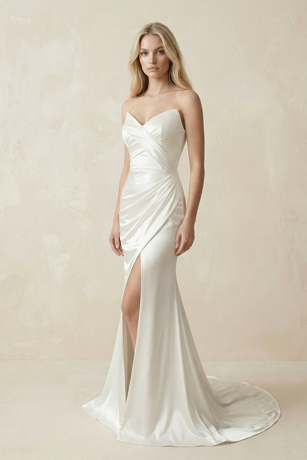 Simple V-Neck Strapless Ruched With Side Slit Beach Wedding Dress – Wedding Dresses by KissProm | Available at KissProm