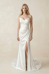 Simple V-Neck Strapless Ruched With Side Slit Beach Wedding Dress – Wedding Dresses by KissProm | Available at KissProm
