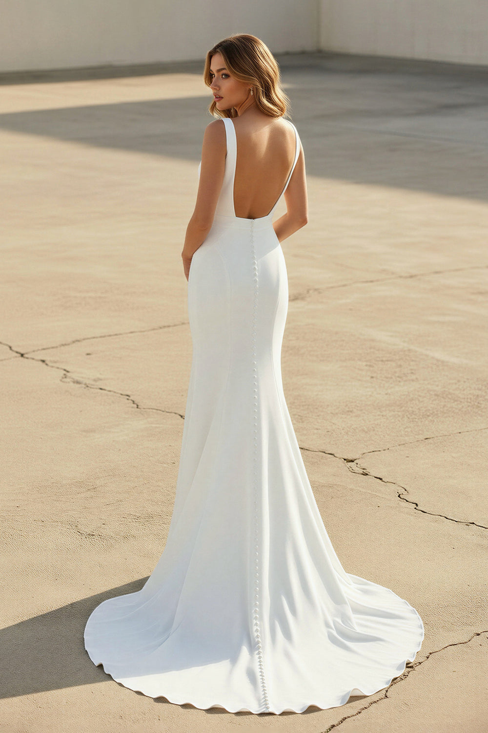 Smple Mermaid V Neck Satin White Wedding Dresses  – Wedding Dresses by KissProm | Available at KissProm