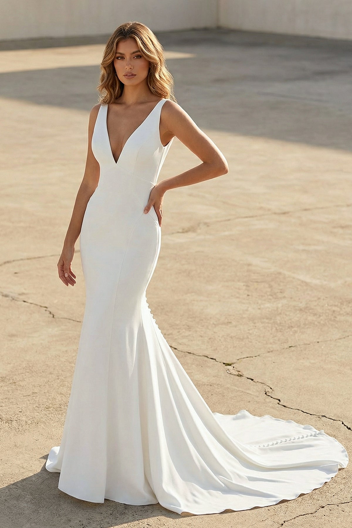 KissProm Simple Mermaid V Neck Satin White Wedding Dresses, Diamond White / 2