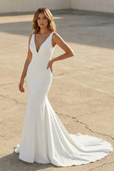 Smple Mermaid V Neck Satin White Wedding Dresses  – Wedding Dresses by KissProm | Available at KissProm