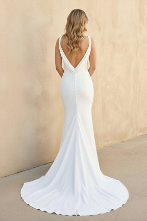 Mermaid Satin V Neck Wedding Dress in White - KissProm Wedding Dresses