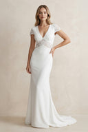 Modest Simple Sheath Short Sleeve Empire Floor - Length Sweep Train Chiffon V - neck Wedding Dress  – Wedding Dresses by KissProm | Available at KissProm