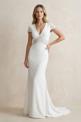 Modest Simple Sheath Short Sleeve Empire Floor - Length Sweep Train Chiffon V - neck Wedding Dress  – Wedding Dresses by KissProm | Available at KissProm