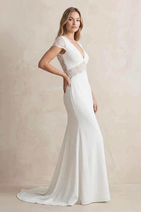 Modest Simple Sheath Short Sleeve Empire Floor - Length Sweep Train Chiffon V - neck Wedding Dress  – Wedding Dresses by KissProm | Available at KissProm