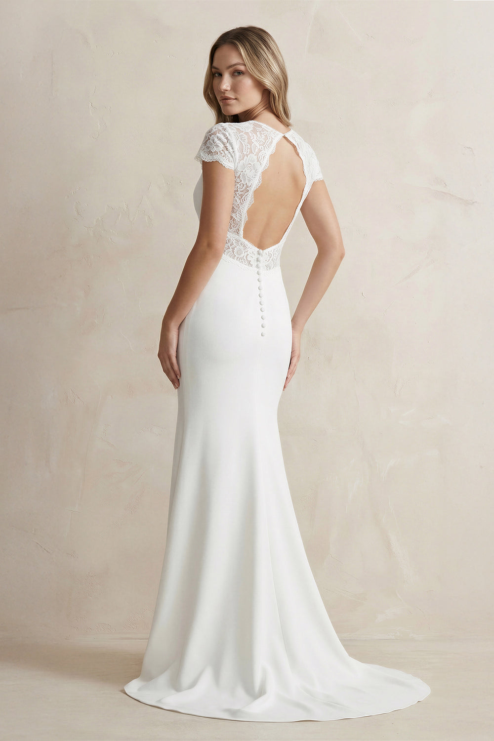 Modest Simple Sheath Short Sleeve Empire Floor - Length Sweep Train Chiffon V - neck Wedding Dress  – Wedding Dresses by KissProm | Available at KissProm