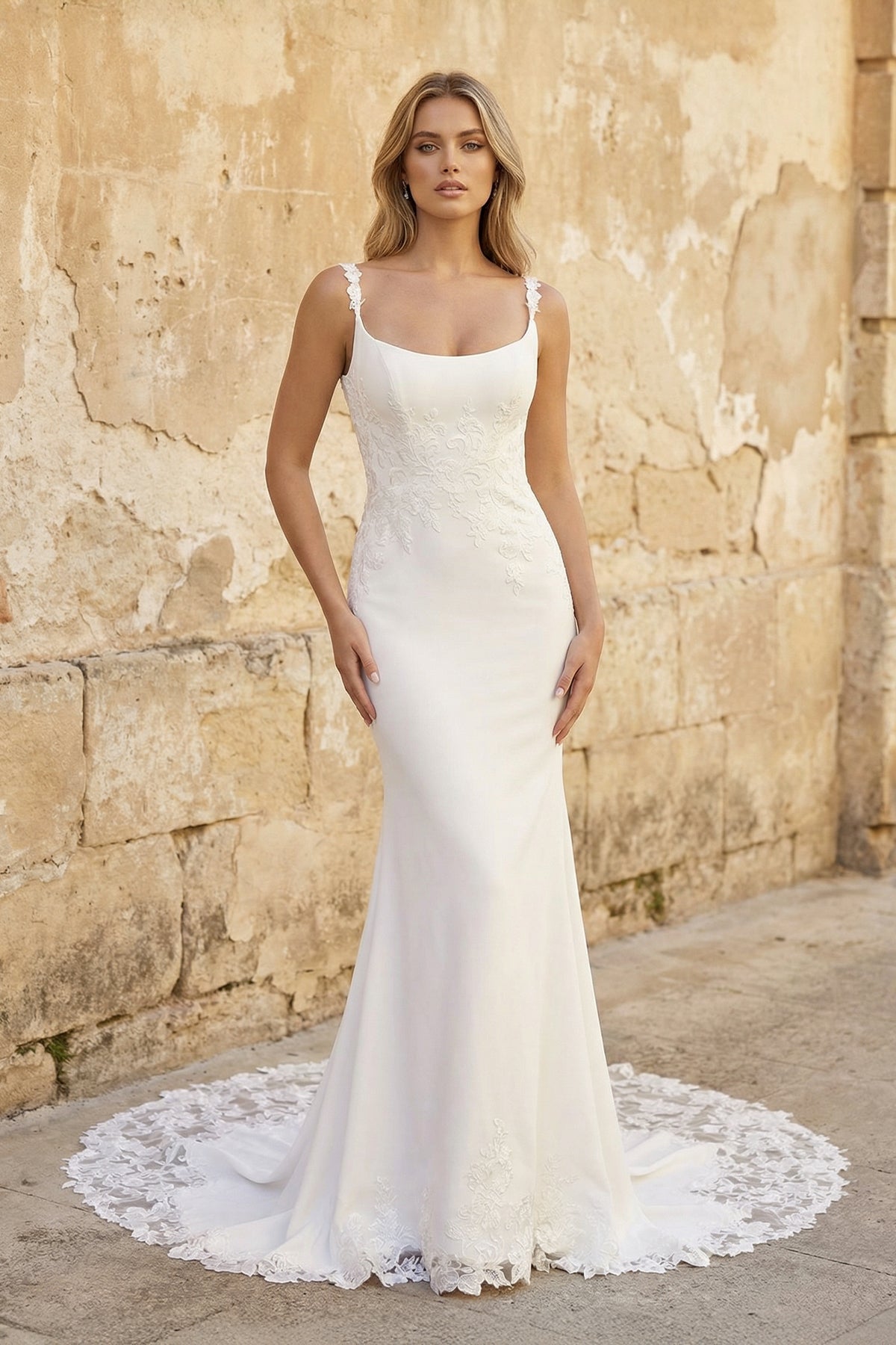 KissProm Trumpet Mermaid Square Neckline Lace Elastic Satin Wedding Dresses, Diamond White / 18