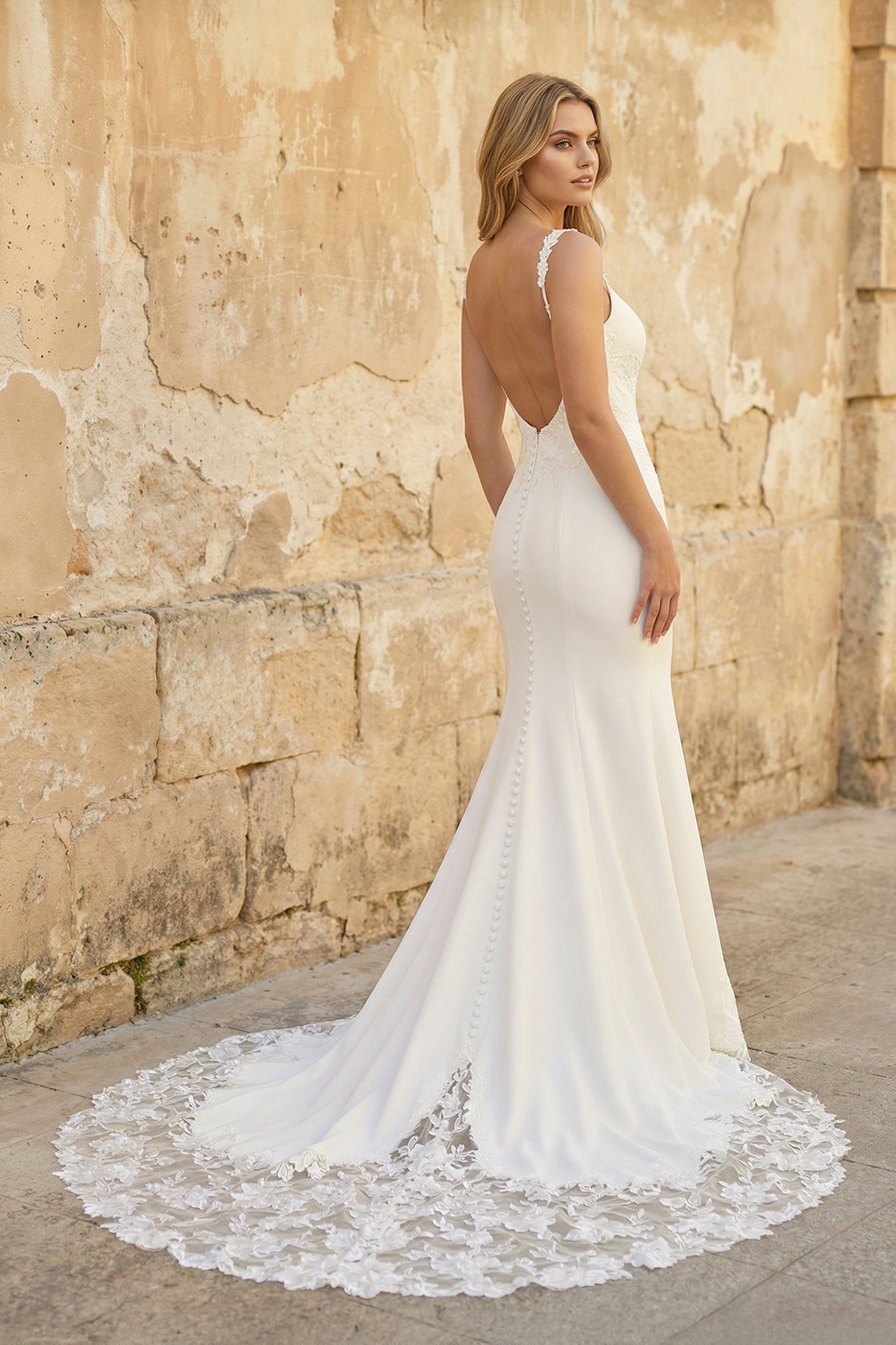 KissProm Trumpet Mermaid Square Neckline Lace Elastic Satin Wedding Dresses, Diamond White / 18