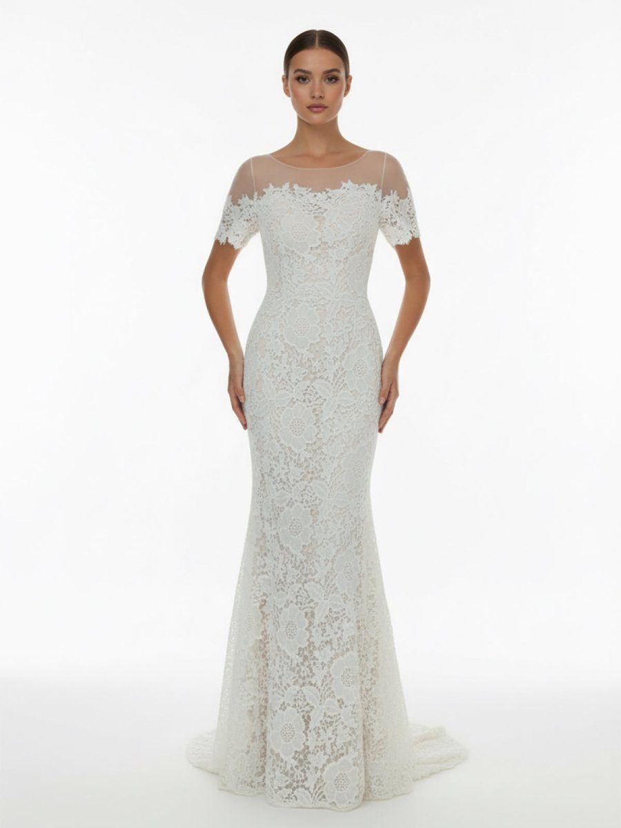 Mermaid Scoop Illusion Neck Floral Wedding Dress - KissProm