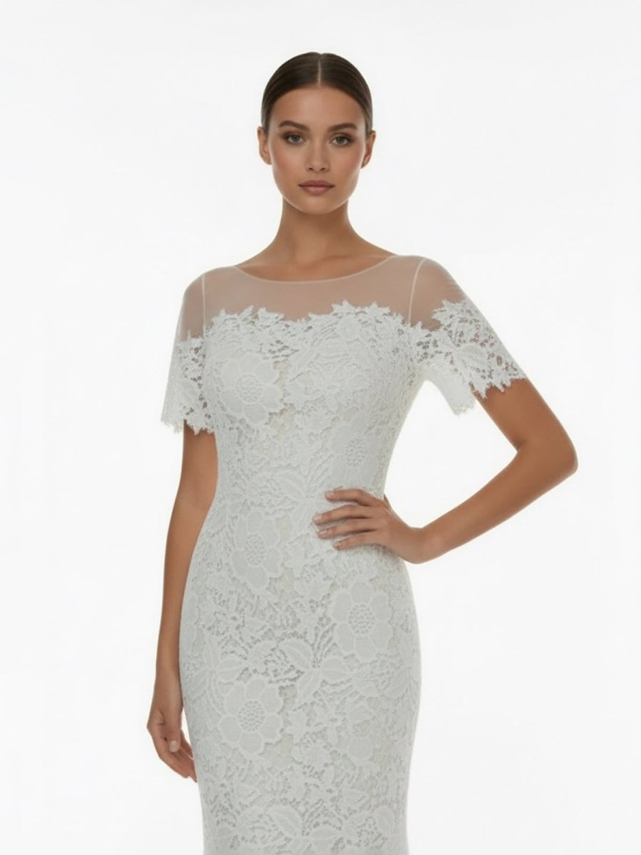 Mermaid Scoop Illusion Neck Floral Wedding Dress - KissProm